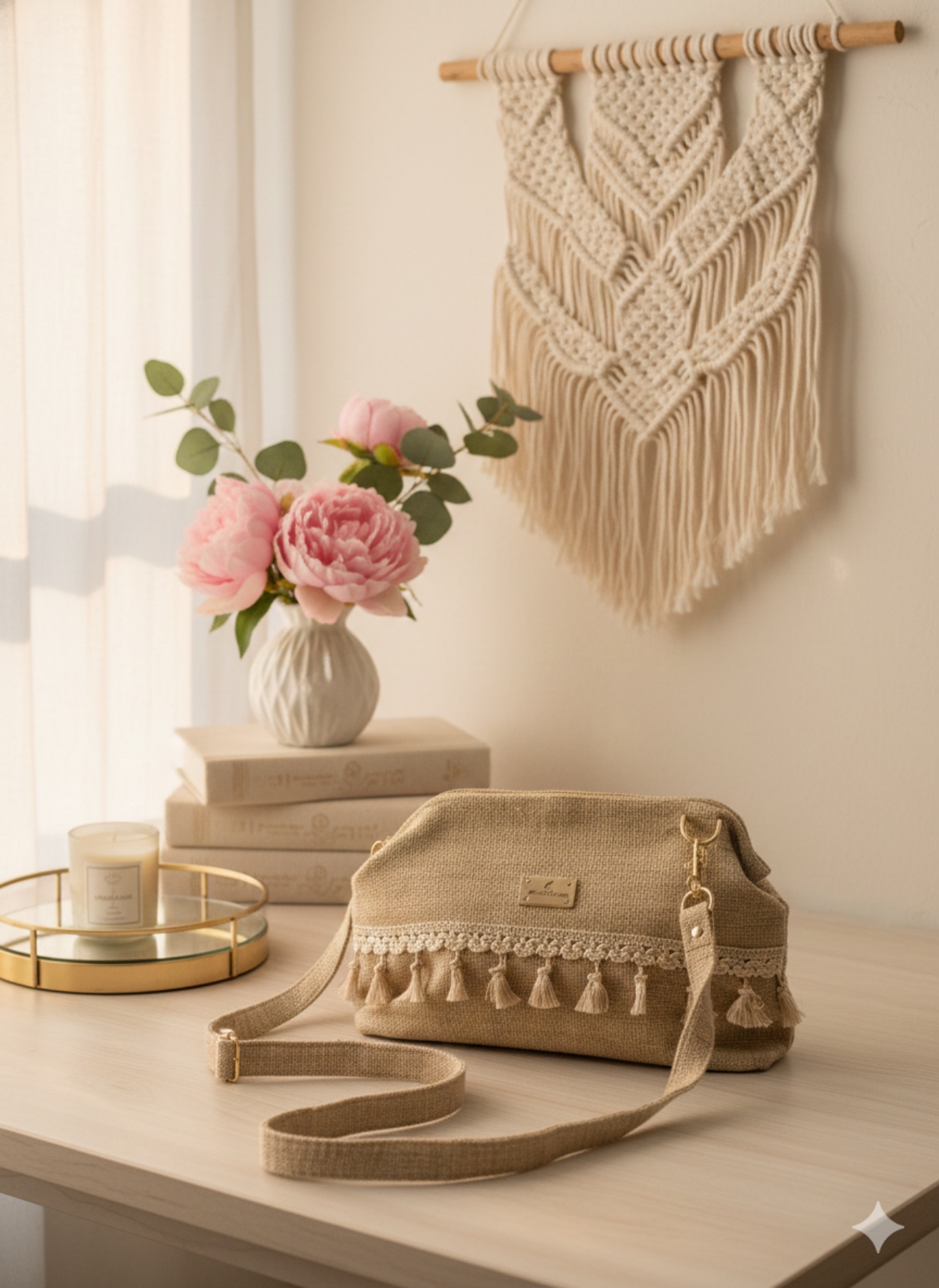 Τσάντα pouch χειροποίητη με φουντάκια