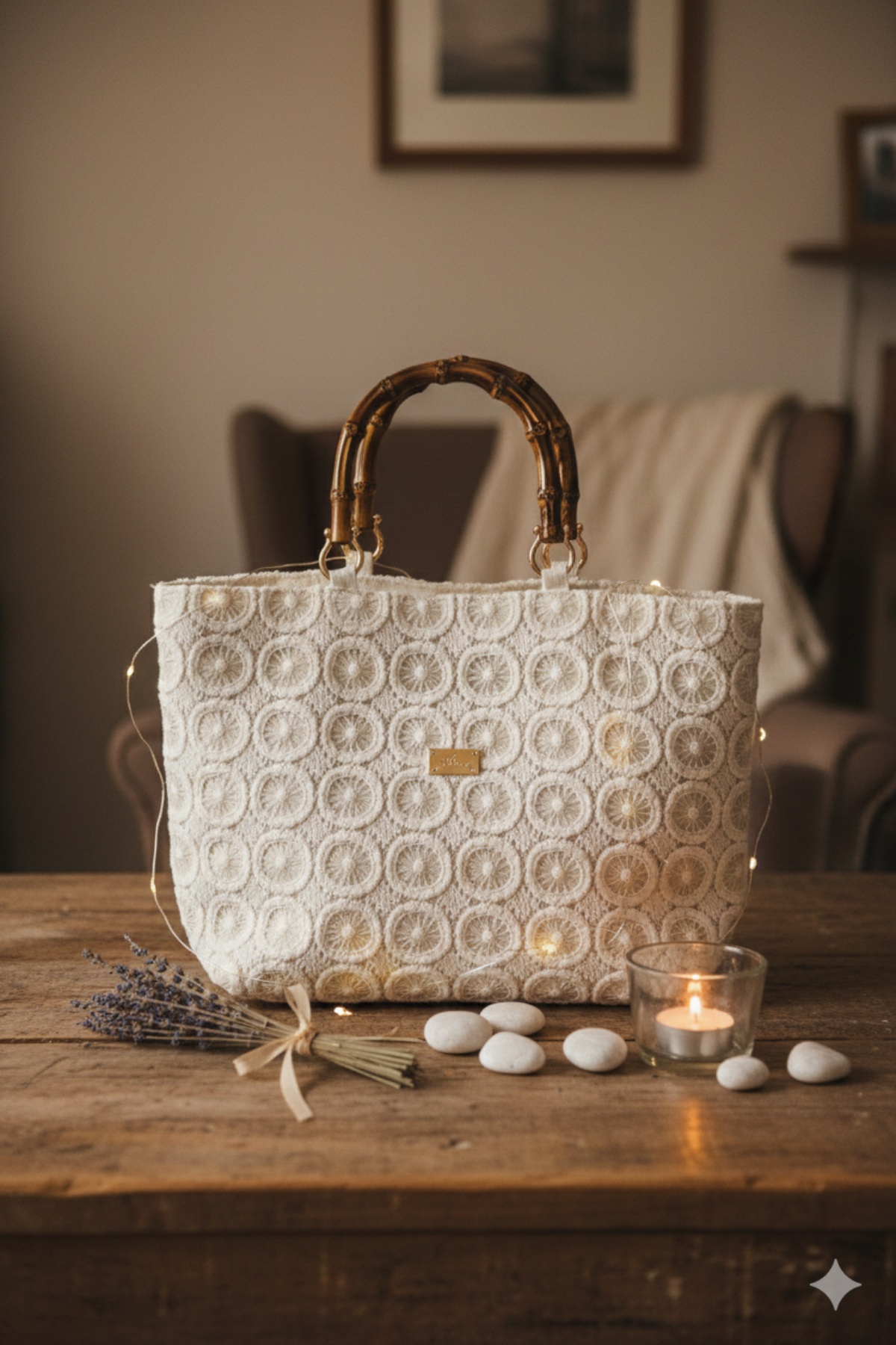 Χειροποίητη τσάντα εκρού διαστάσεις (45×29 εκ.)