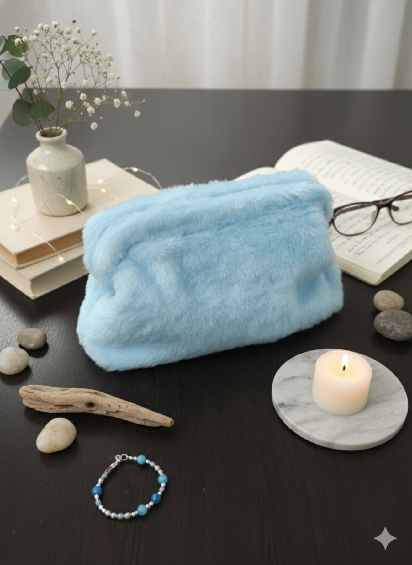 Χειροποίητη τσάντα, μοναδικό κομμάτι, μπλε χρώμα γούνας και διαστάσεις 31×17