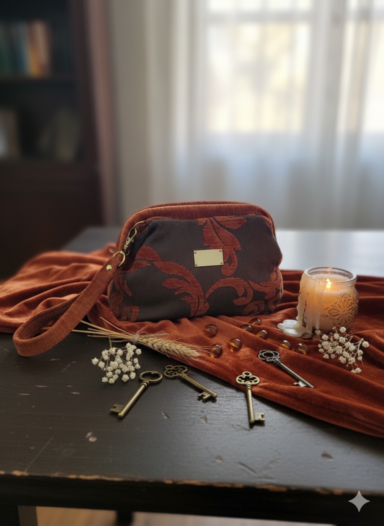 Χειροποίητη τσάντα, μοναδικό κομμάτι υφάσματος, χρώμα κεραμιδιού