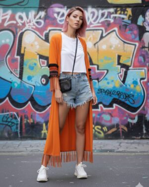 Κιμονό πορτοκάλι χρώμα με κροσι και πόν πόν μακρι